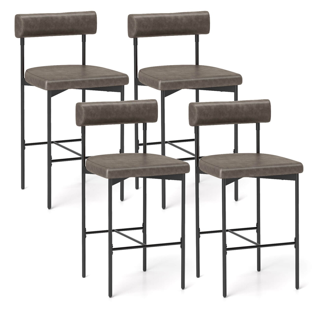 Costway 26" Upholstered Bar Stools Set of 4 with Padded Cushion & Backrest Footrest Brown/Gray